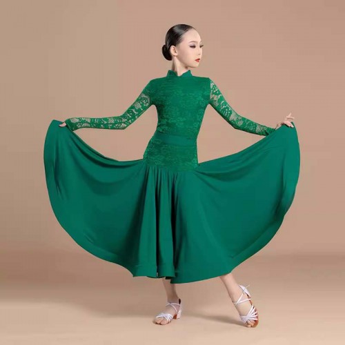 Girls blue dark green lace ballroom dance dresses for kids children waltz tango foxtrot smooth dance long swing skirts modern dance costumes 